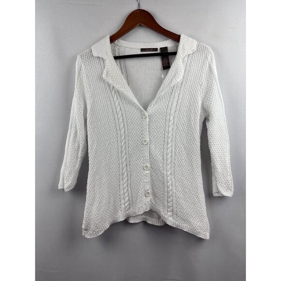 Heather B. Womens White Textured Knit Cardigan Sweater Size S 100% Cotton Button - Picture 2 of 5
